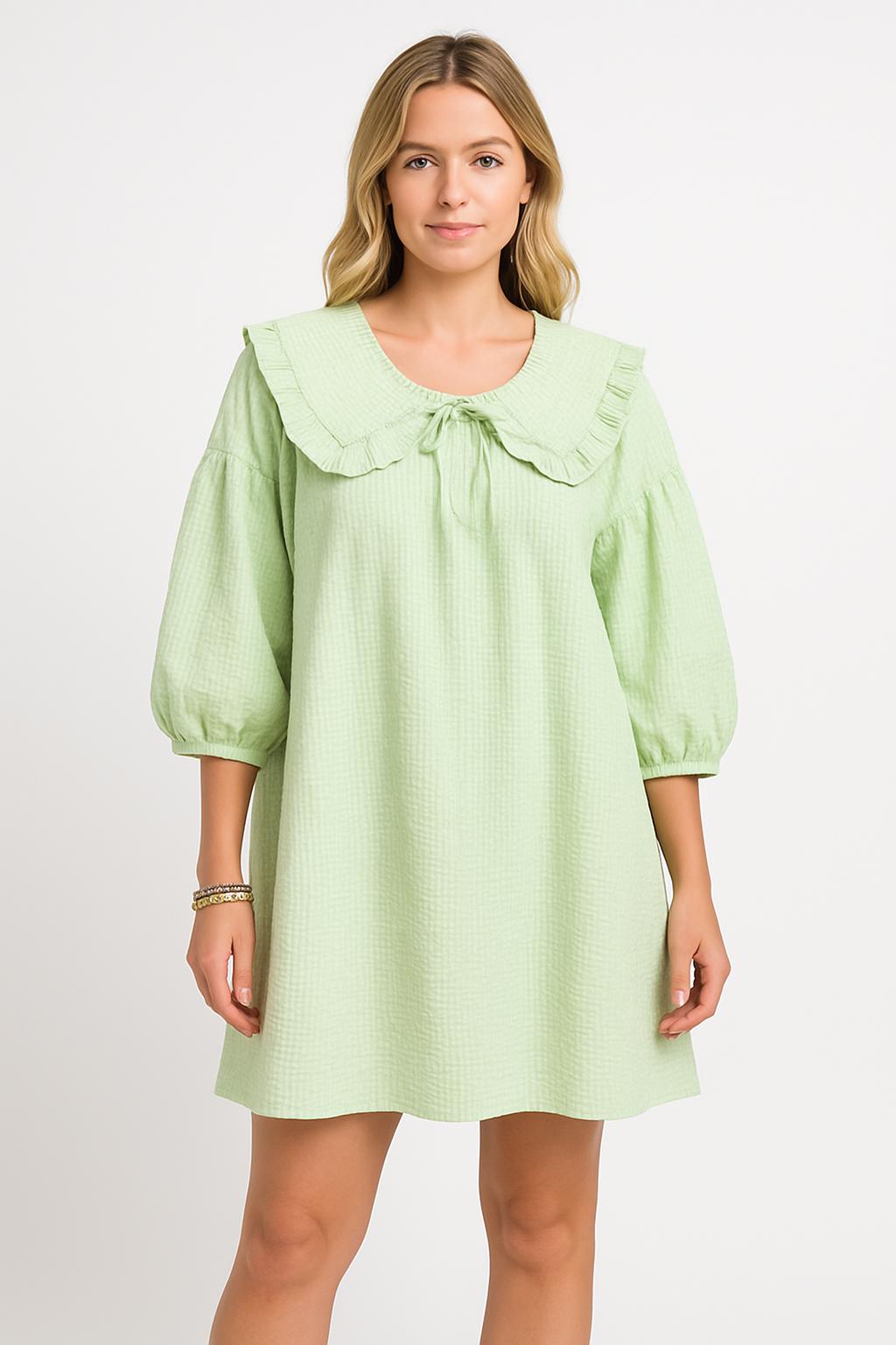 Robe Femme A-Ligne – Coton Léger – Col Claudine Volanté – Manches Bouffantes – Motif Carreaux