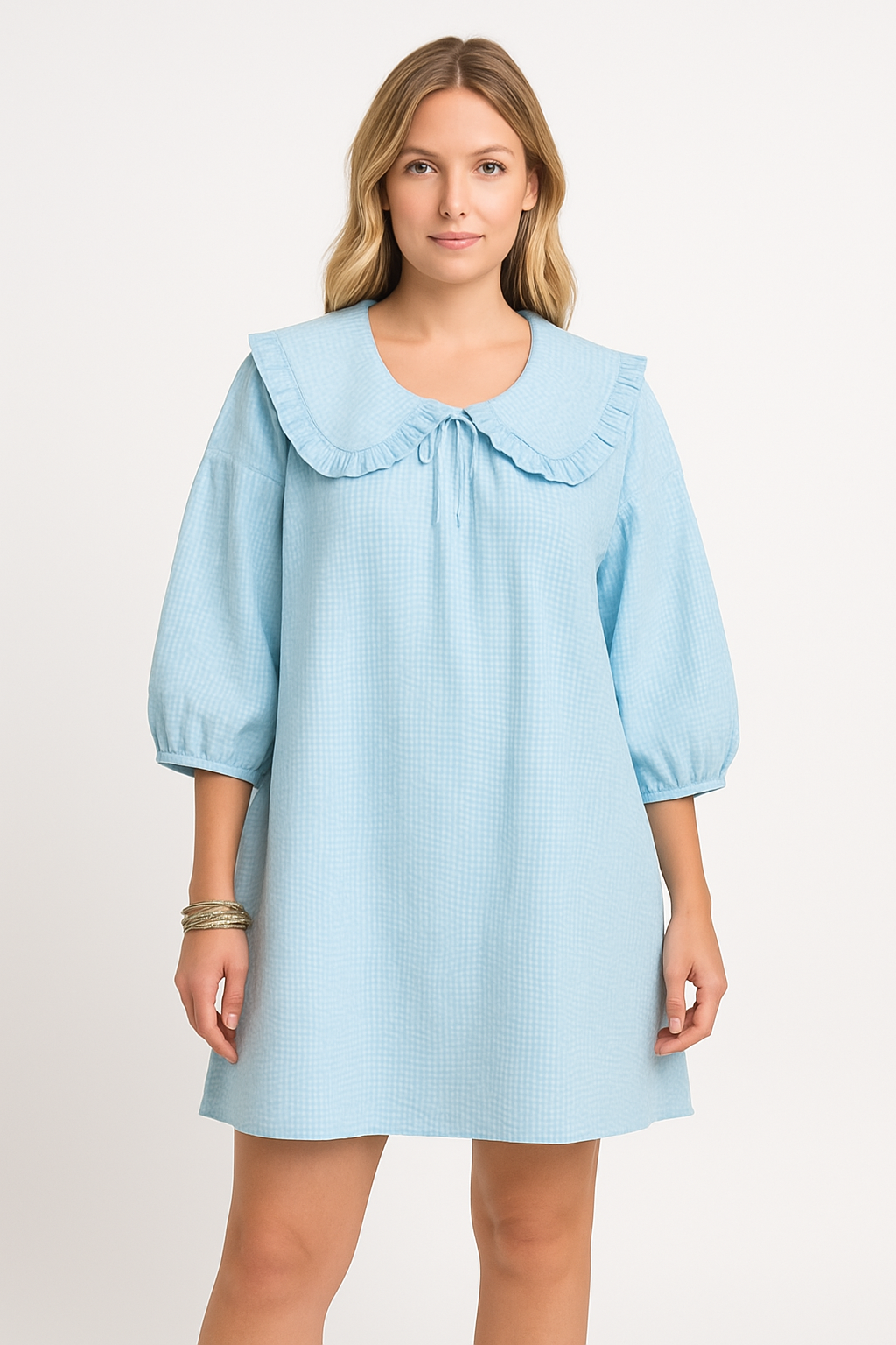 Robe Femme A-Ligne – Coton Léger – Col Claudine Volanté – Manches Bouffantes – Motif Carreaux