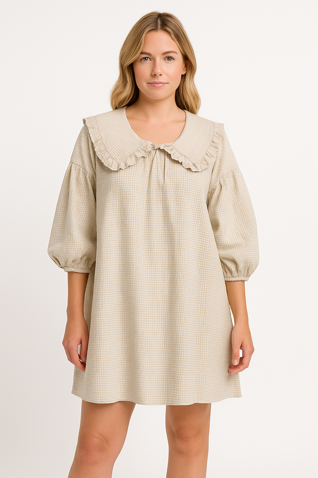 Robe Femme A-Ligne – Coton Léger – Col Claudine Volanté – Manches Bouffantes – Motif Carreaux