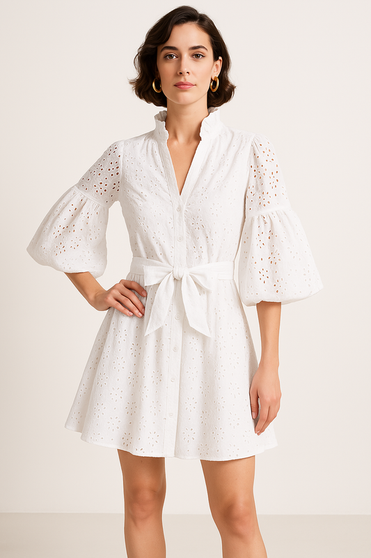 Robe femme – Coton léger – Coupe trapèze – Broderie anglaise – Manches bouffantes