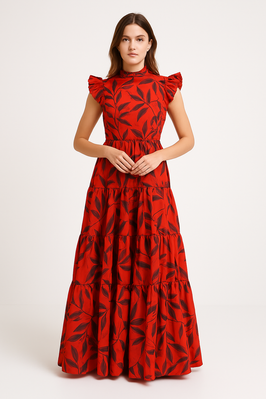 Robe longue femme – Manches volantées – Jupe à étages – Imprimé audacieux – Coupe évasée