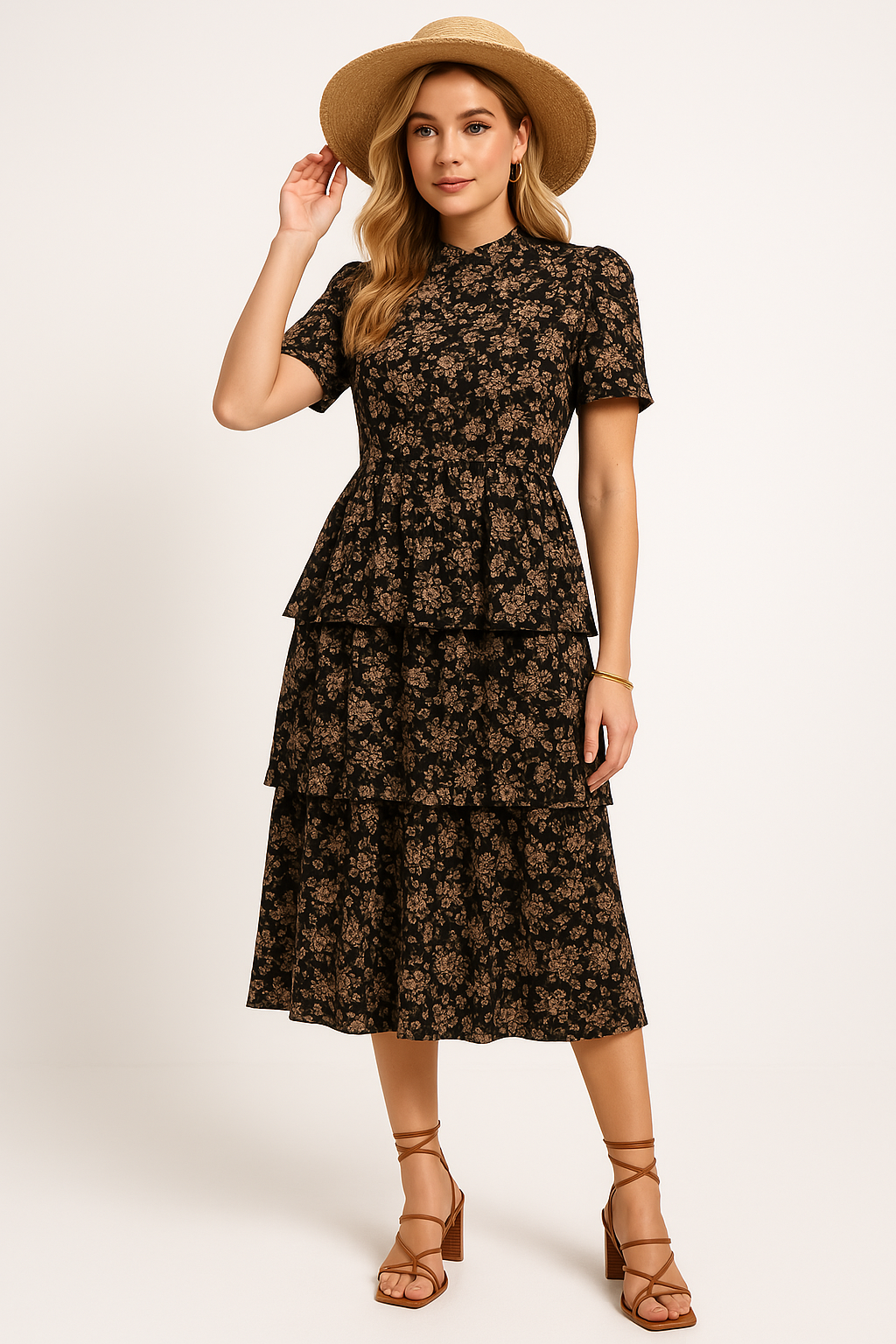 Robe midi femme – Coupe fluide – Imprimé fleuri – Manches bouffantes – Taille marquée