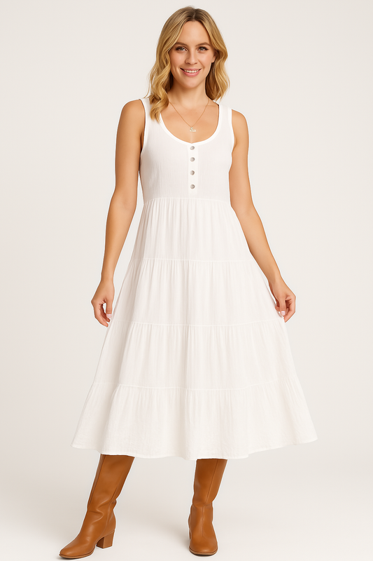 Robe longue femme – Sans manches – Coupe évasée – Coton léger – Jupe à volants – Boutons