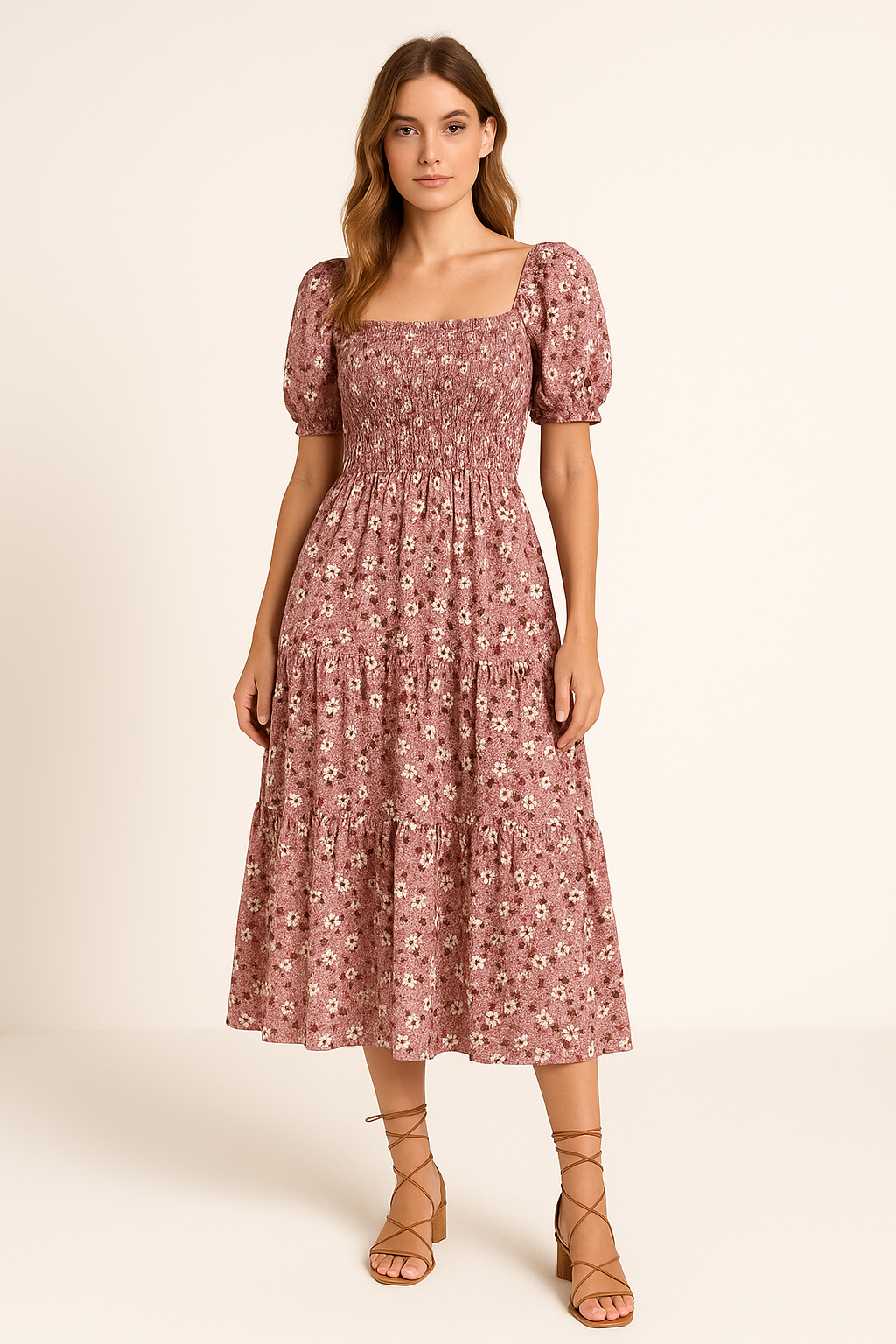 Robe midi femme – Taille empire – Manches bouffantes – Imprimé fleuri – Coton mélangé