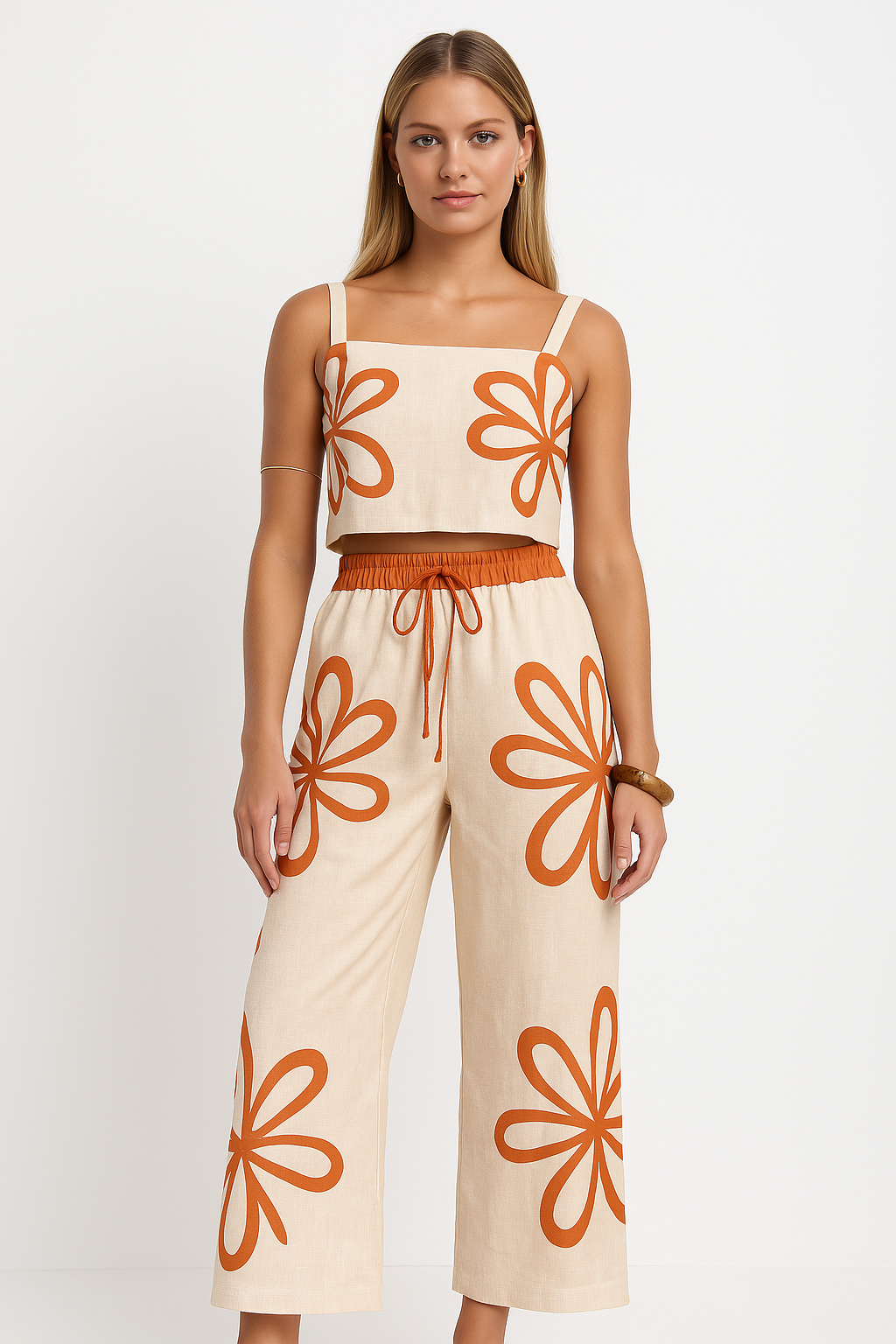 Ensemble Femme Débardeur Côtelé et Pantalon Large – Imprimé Floral – Tissu Léger