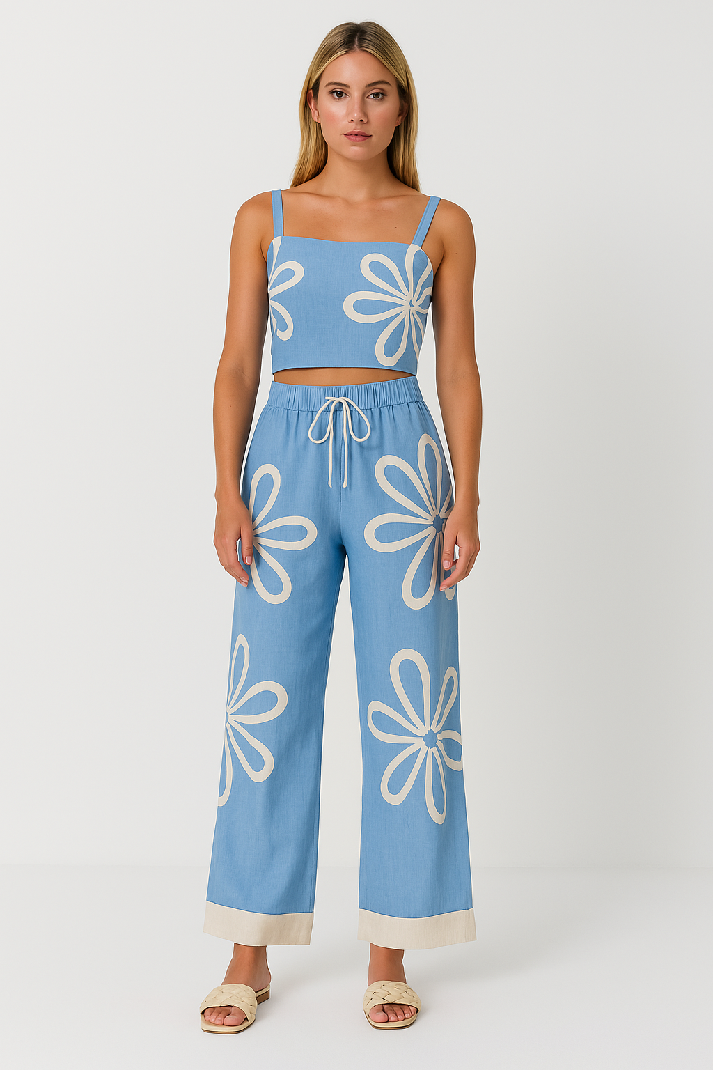 Ensemble Femme Débardeur Côtelé et Pantalon Large – Imprimé Floral – Tissu Léger