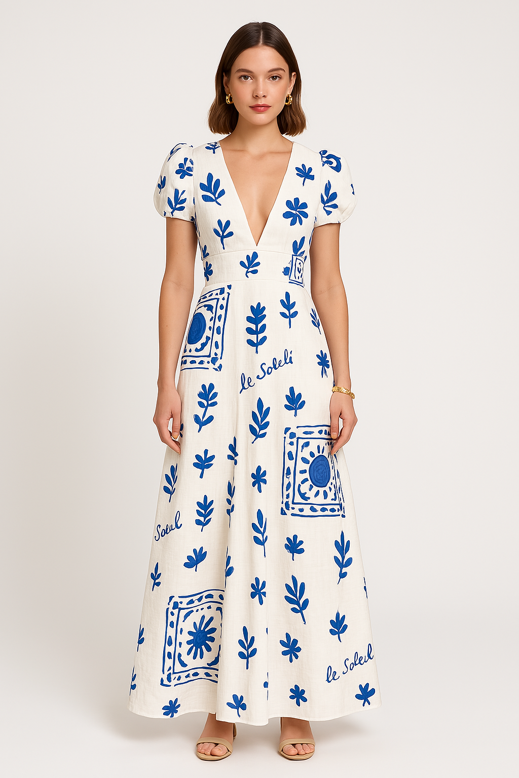 Robe longue femme – Décolleté en V – Manches bouffantes – Coupe fluide – Tissu léger