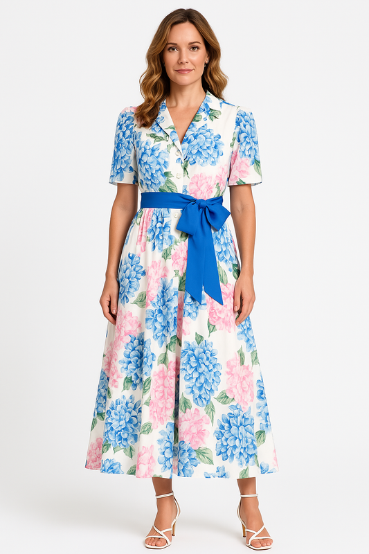 Robe longue femme – Coupe évasée – Manches courtes – Ceinture – Imprimé fleuri