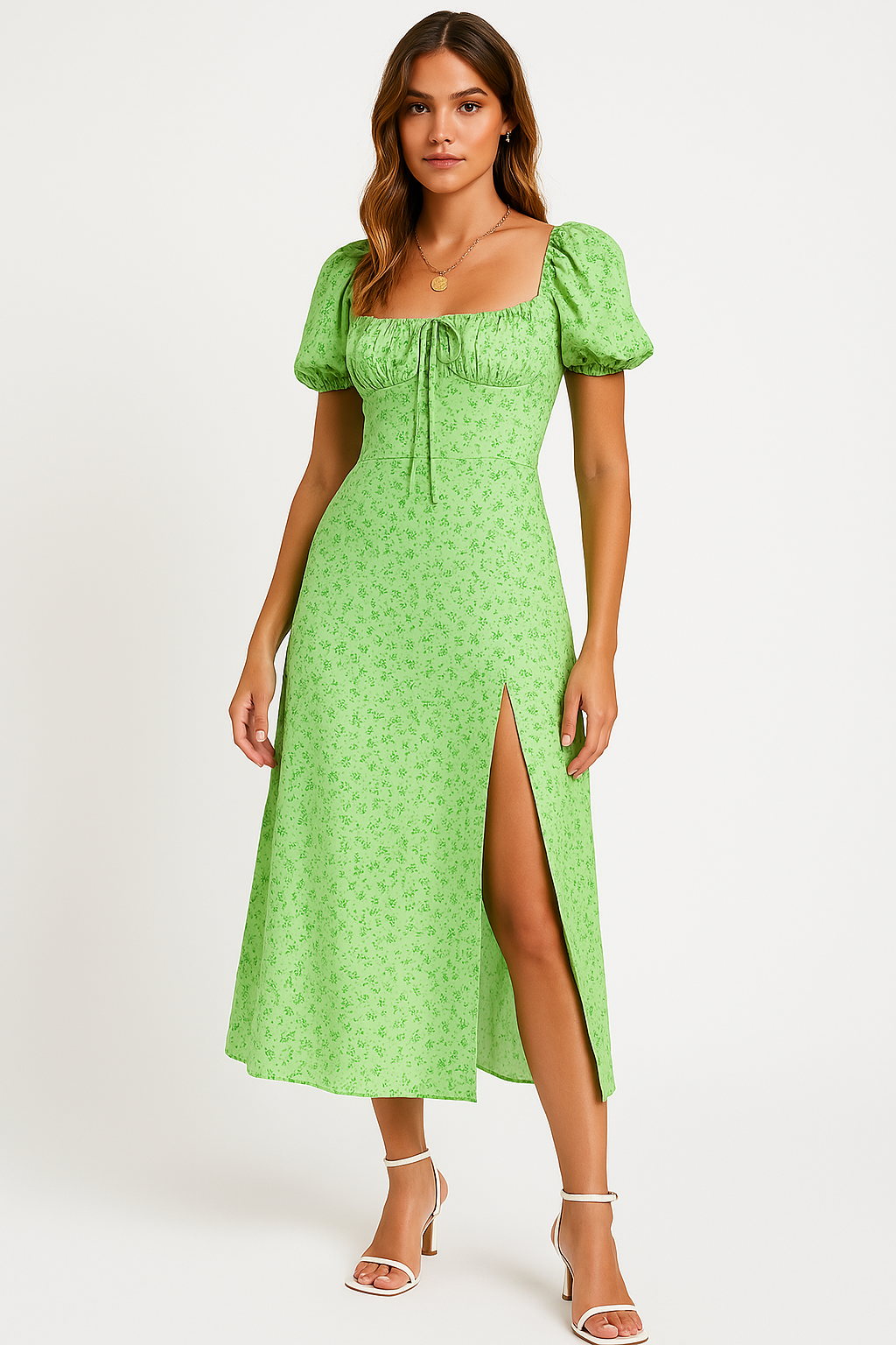 Robe midi femme – Coupe évasée – Manches bouffantes – Nœud poitrine – Fente frontale