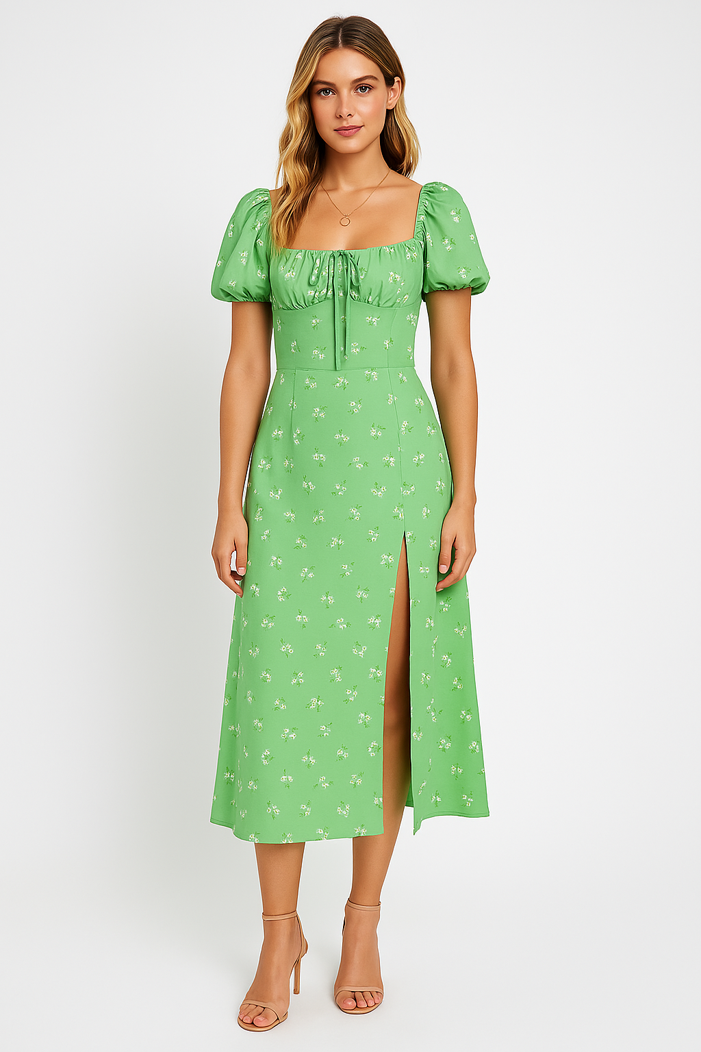 Robe midi femme – Coupe évasée – Manches bouffantes – Nœud poitrine – Fente frontale