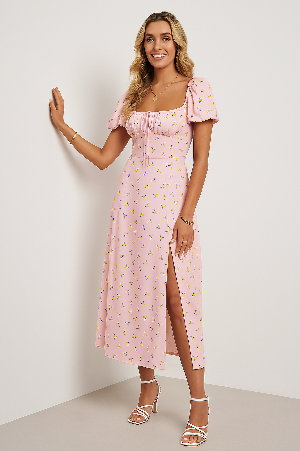Robe midi femme – Coupe évasée – Manches bouffantes – Nœud poitrine – Fente frontale