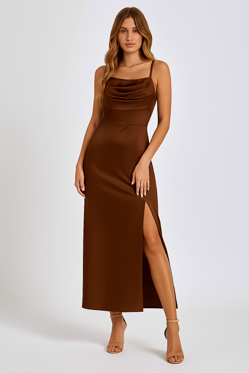 Robe longue femme – Satin lisse – Coupe ajustée – Col drapé – Bretelles fines – Fente
