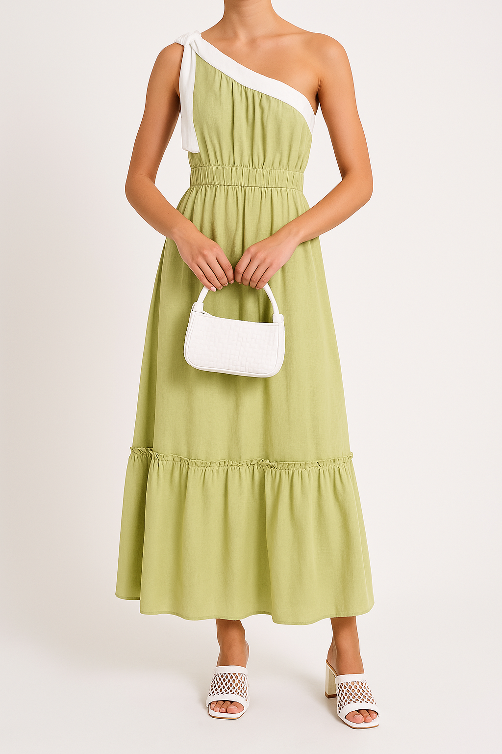 Robe femme unilatérale – Coupe évasée midi – Coton mélangé – Volants et étages