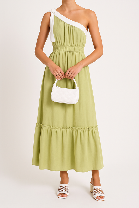 Robe femme unilatérale – Coupe évasée midi – Coton mélangé – Volants et étages