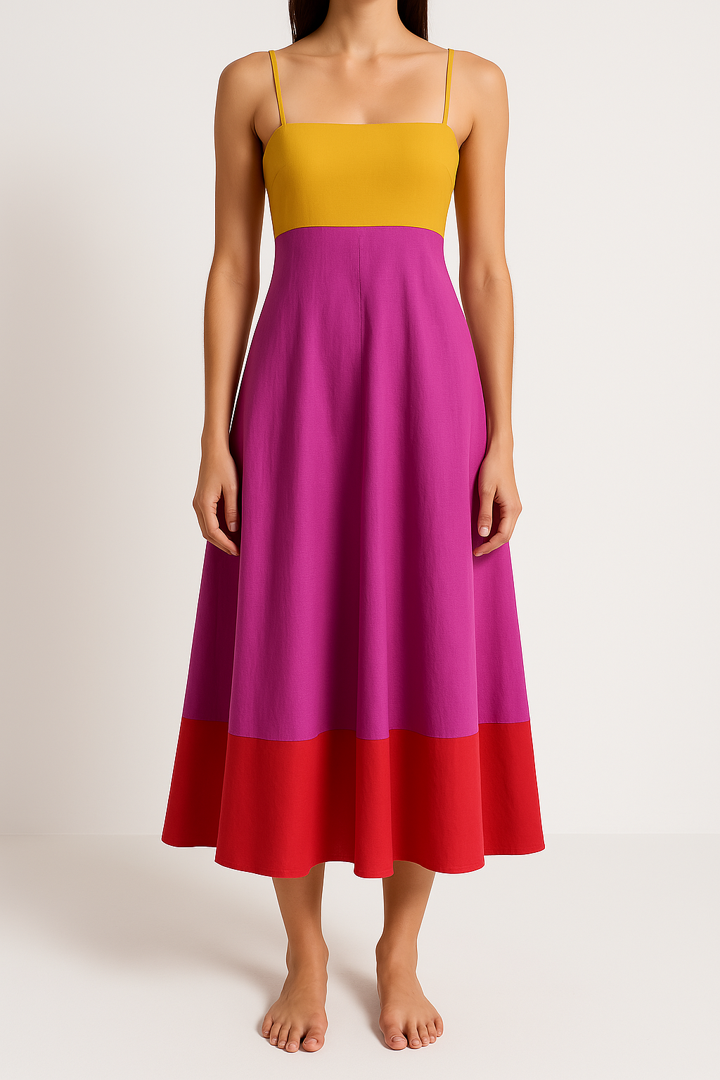 Robe midi femme – Bretelles fines – Coupe évasée – Coton léger – Design color block