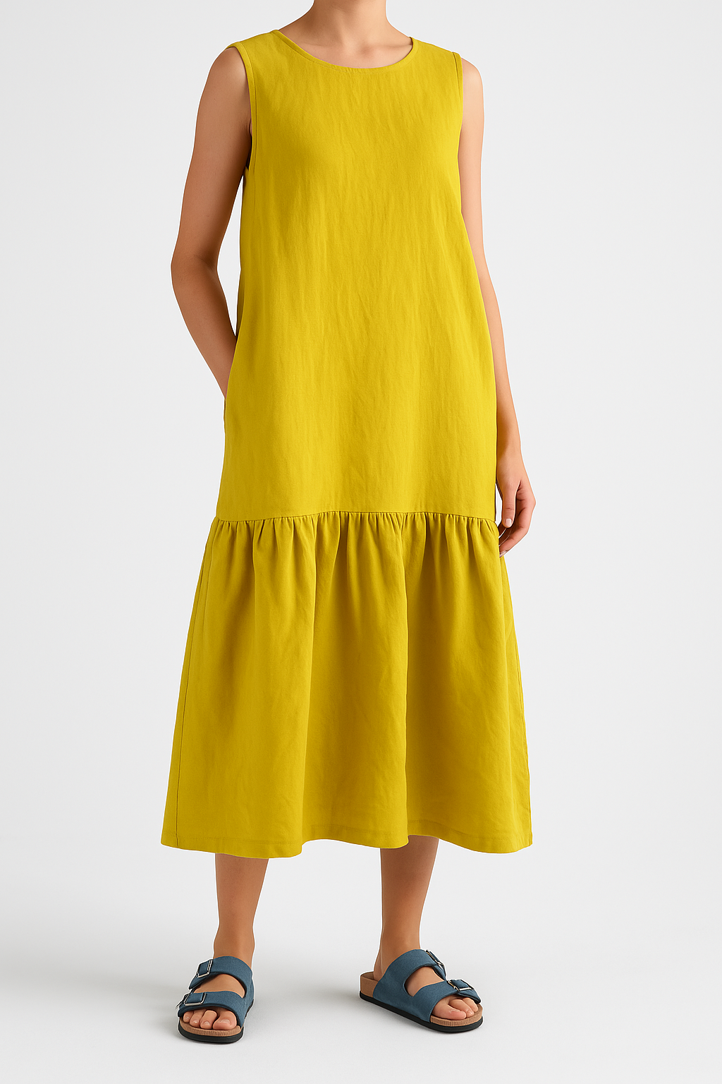 Robe midi femme sans manches – Coupe ample – Mélange de lin – Ourlet volanté