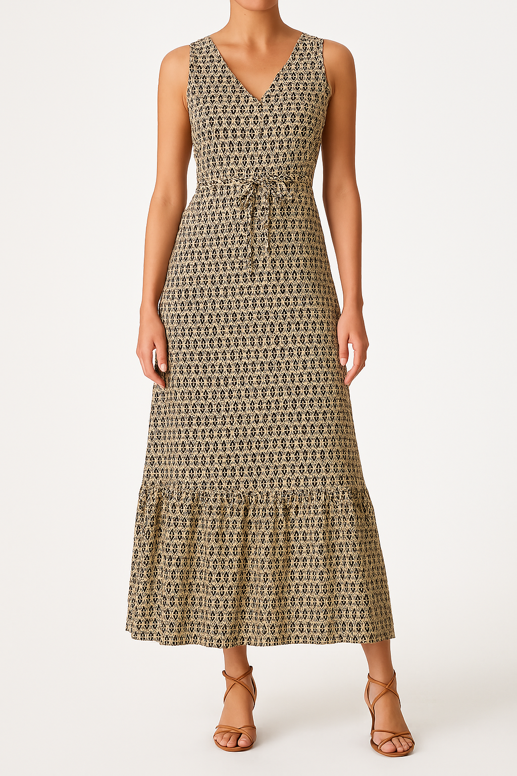 Robe midi sans manches femme – Imprimé bohème – Décolleté en V – Coupe fluide