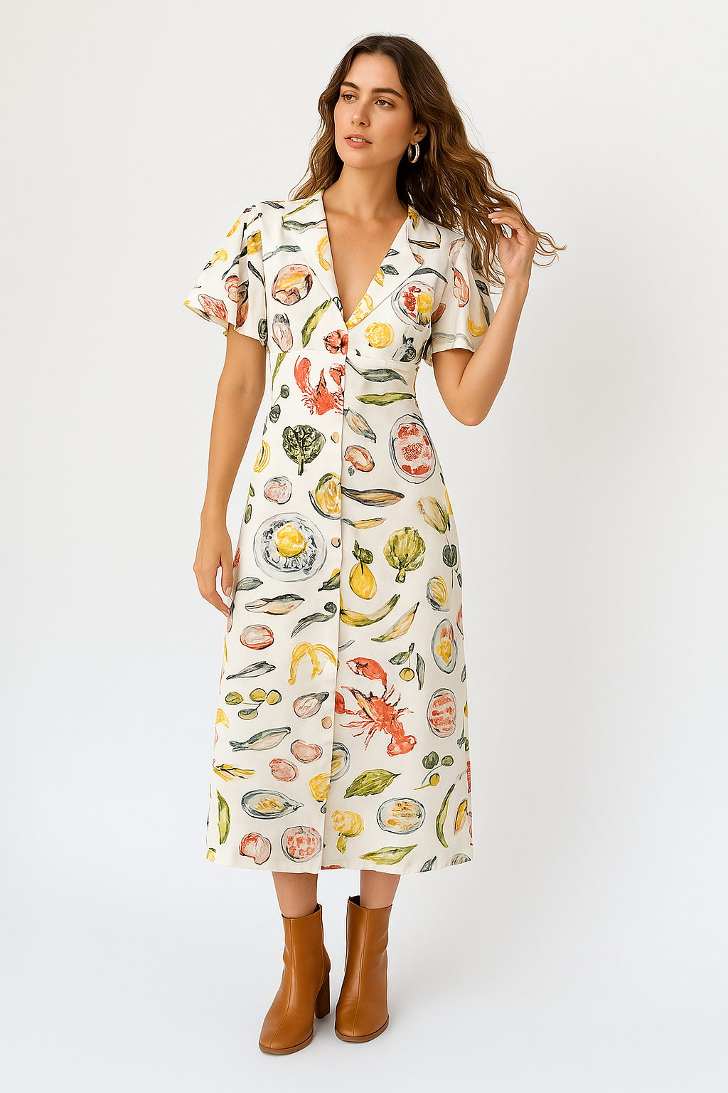 Robe femme midi – lin respirant – coupe ample – manches courtes – imprimé graphique