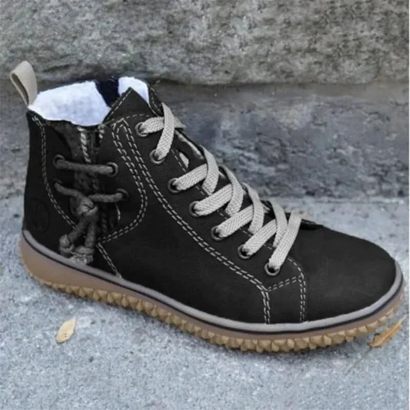 Bottes Montantes Femme - Cuir Déperlant - Doublure Chaude - Fermeture Lacets et Zip