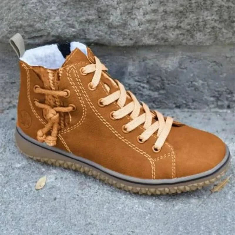 Bottes Montantes Femme - Cuir Déperlant - Doublure Chaude - Fermeture Lacets et Zip