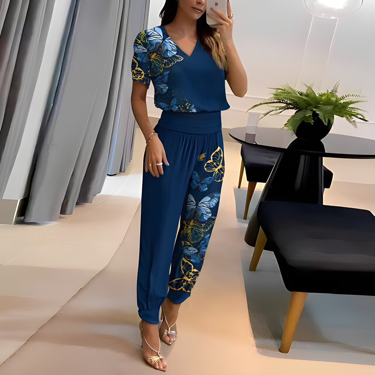 Blouse femme – Coupe décontractée – Tissu luxueux – Col en V – Manches bouffantes