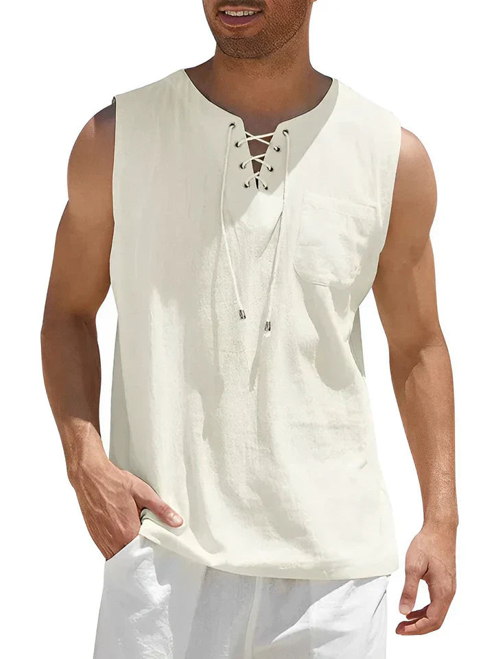 Débardeur homme – Coupe décontractée – Devant lacé – Poche poitrine – Tissu respirant