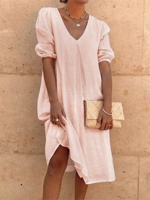 Robe midi femme – Coupe décontractée – Tissu respirant – Manches froncées – Col en V