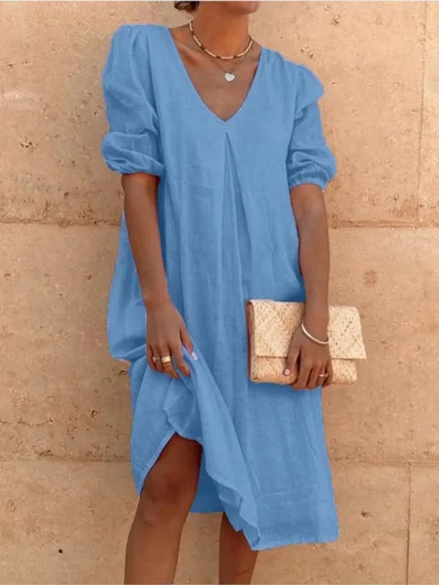 Robe midi femme – Coupe décontractée – Tissu respirant – Manches froncées – Col en V