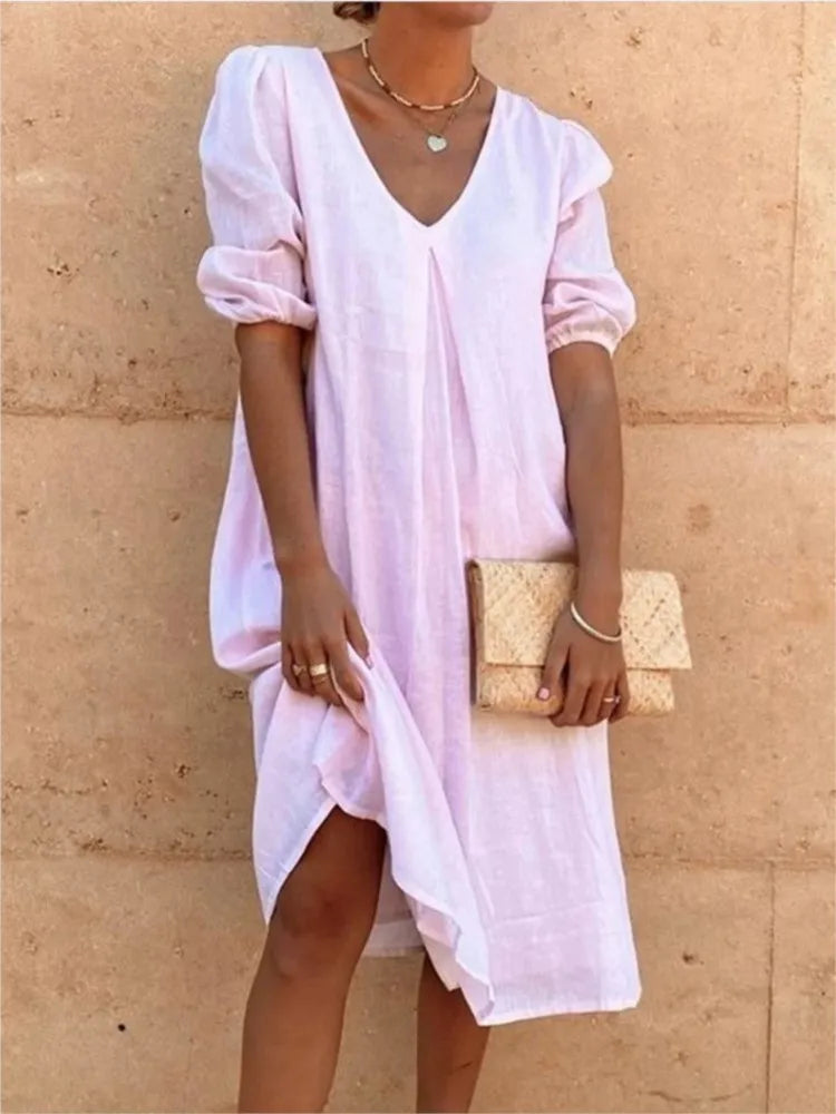 Robe midi femme – Coupe décontractée – Tissu respirant – Manches froncées – Col en V