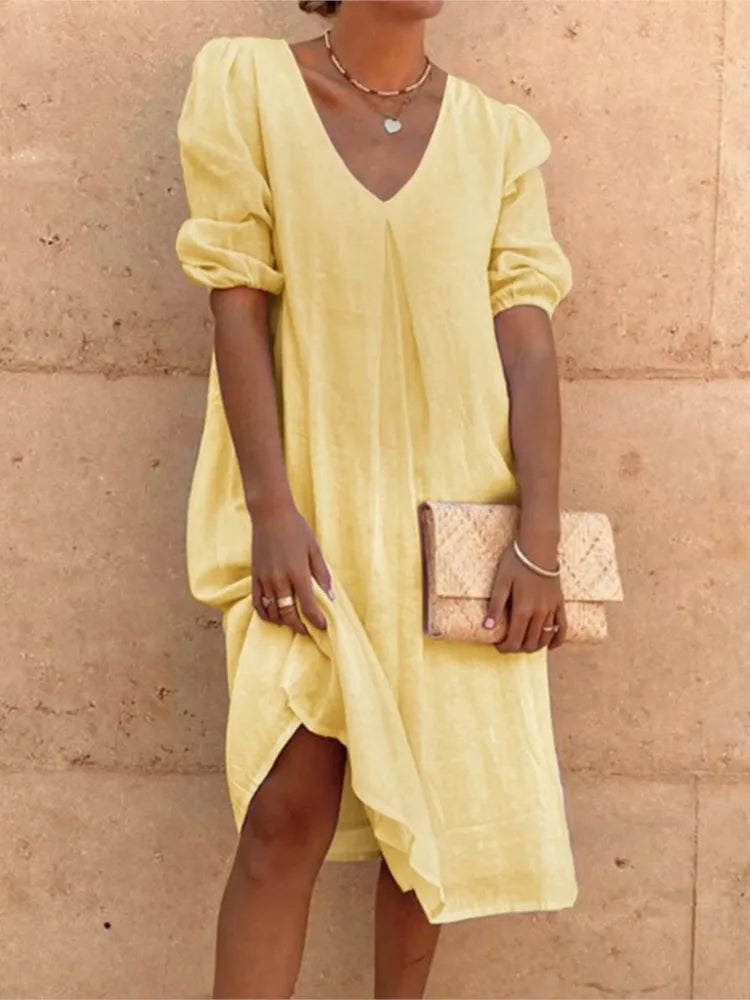 Robe midi femme – Coupe décontractée – Tissu respirant – Manches froncées – Col en V