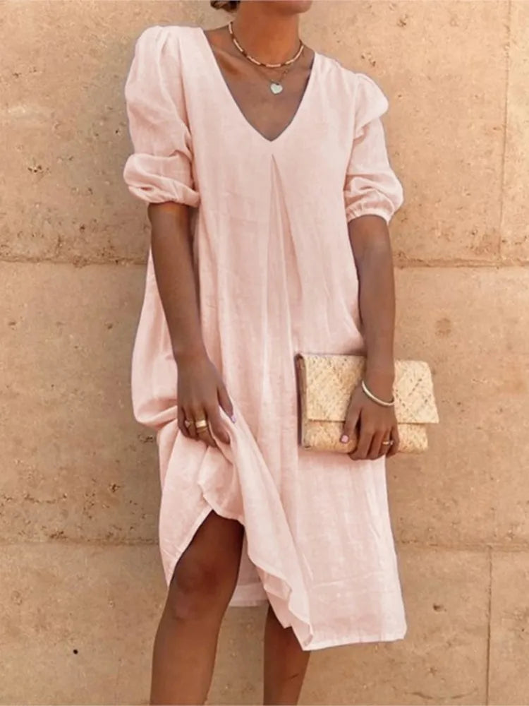 Robe midi femme – Coupe décontractée – Tissu respirant – Manches froncées – Col en V