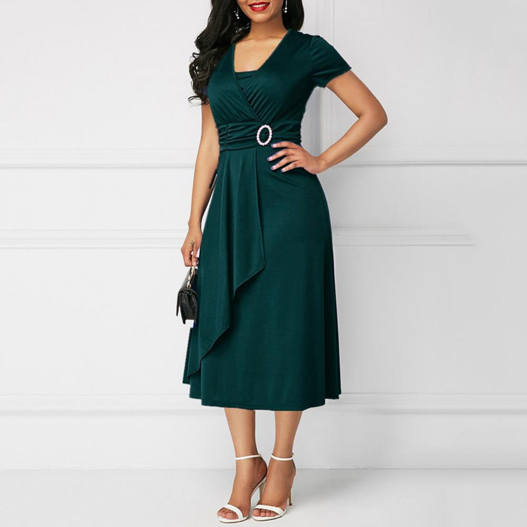 Robe Midi Femme - Coupe Portefeuille - Manches Courtes - Décolleté V - Ourlet Asymétrique