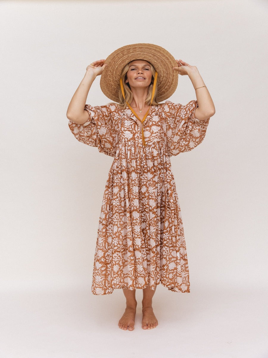 Robe Longue Femme - Fluide et Légère - Manches Bouffantes - Imprimé Fleuri Boho