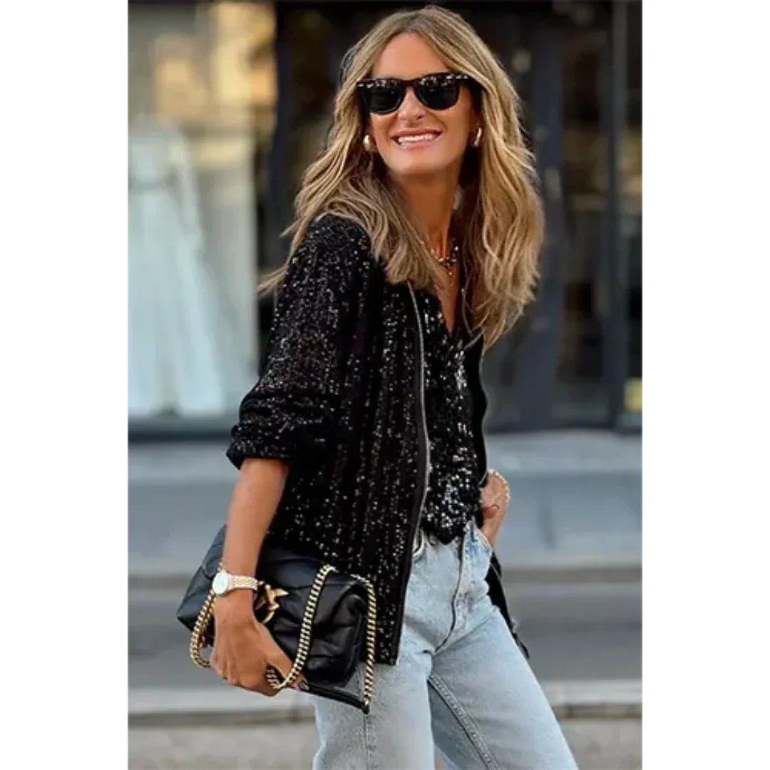 Veste bomber femme – Coupe décontractée – Texture à sequins – Fermeture zippée