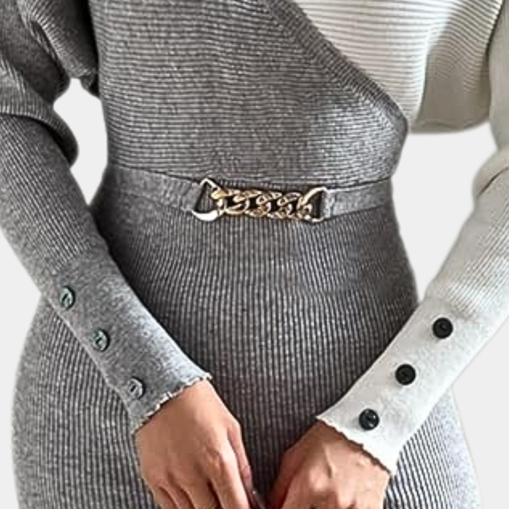 Robe Pull Femme - Coupe Près du Corps - Col V Cache-Cœur - Manches Longues Boutonnées