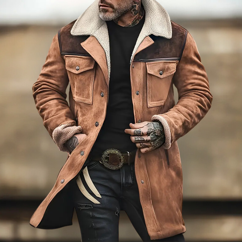 Veste mi-longue homme – Coupe ajustée – Doublure sherpa – Effet suédé – Poches à rabat