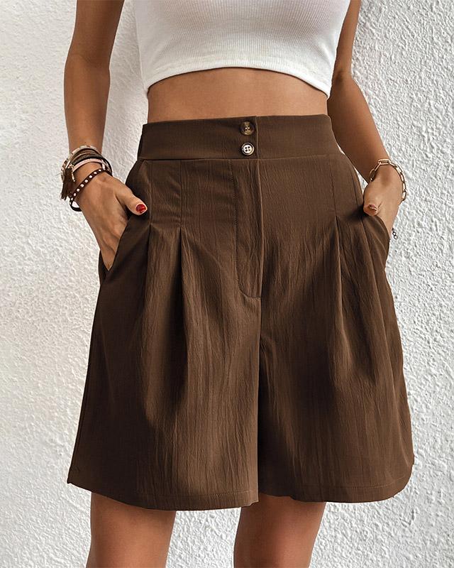 Short femme - Taille haute - Coupe large - Plissé élégant - Poches latérales