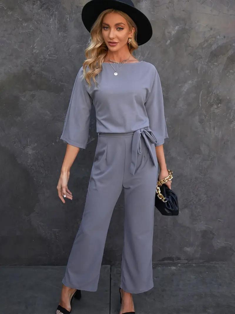 Combinaison Femme - Coupe Ample Élégante - Manches 3/4 - Ceinture Ajustable - Jambes Larges