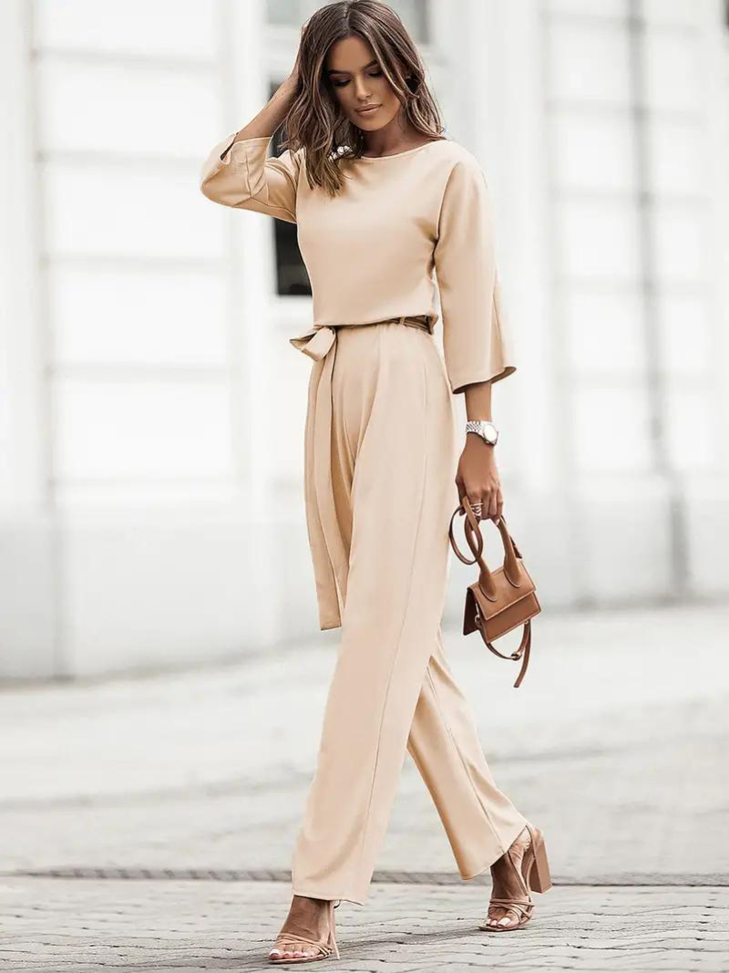 Combinaison Femme - Coupe Ample Élégante - Manches 3/4 - Ceinture Ajustable - Jambes Larges
