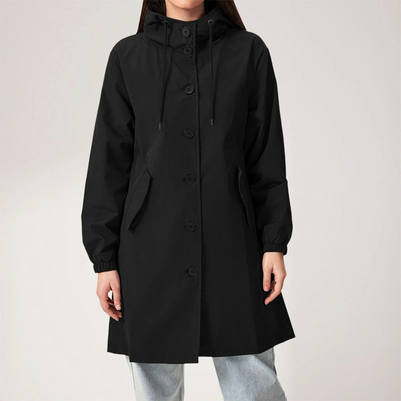 Manteau trench femme – Déperlant – Coupe décontractée – Capuche – Longueur genou