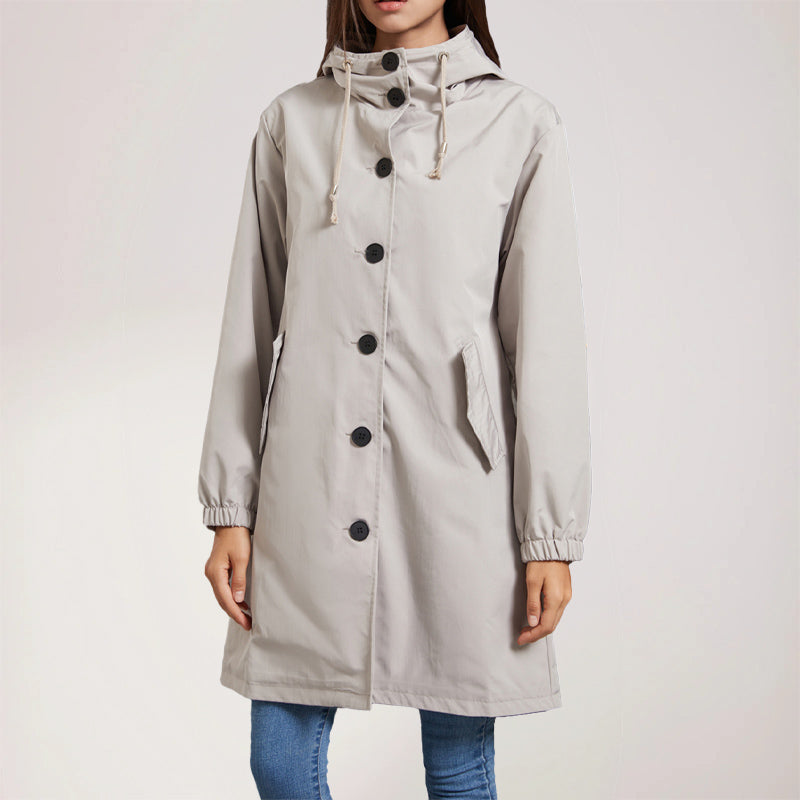 Manteau trench femme – Déperlant – Coupe décontractée – Capuche – Longueur genou