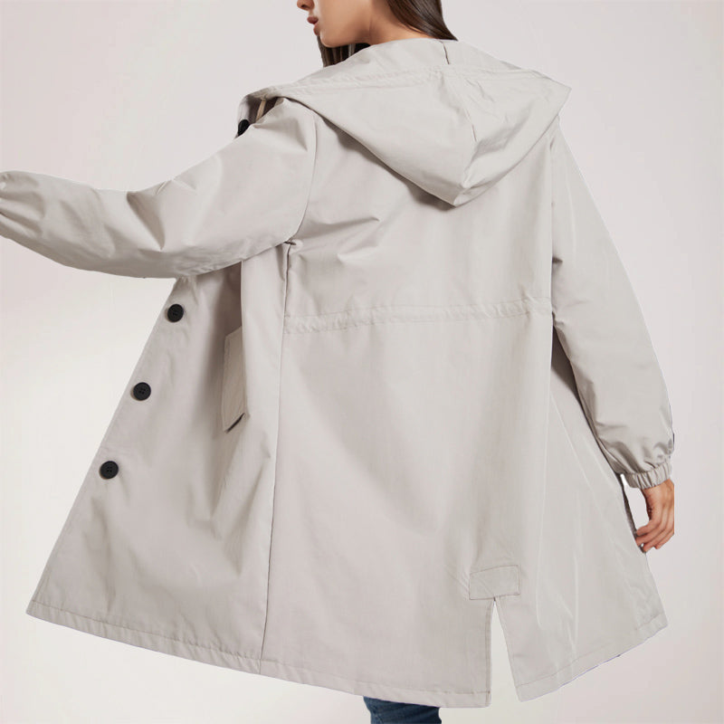 Manteau trench femme – Déperlant – Coupe décontractée – Capuche – Longueur genou