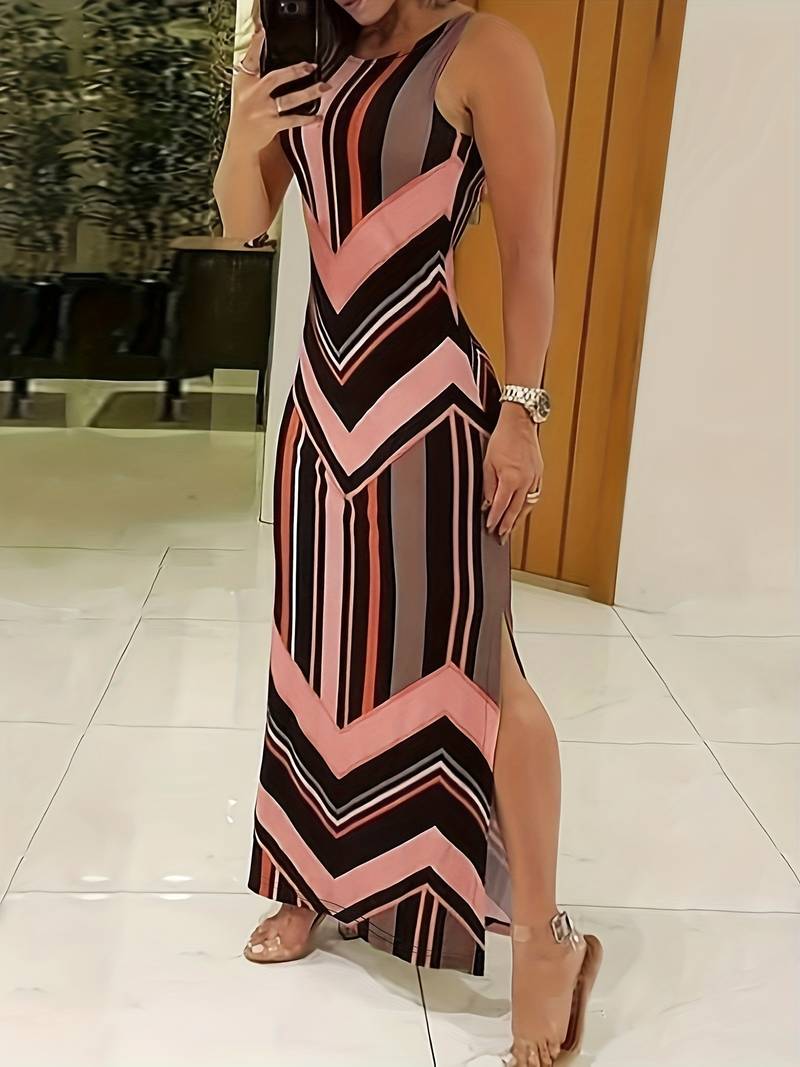 Robe Maxi Femme - Sans Manches - Fendue Côté - Coupe Moulante - Motif Géométrique