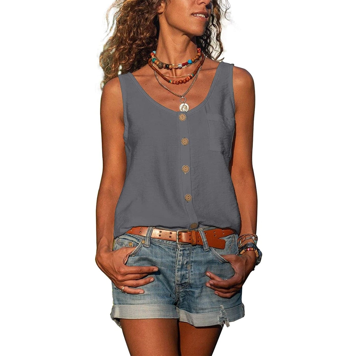 Top Femme - Sans Manches - Boutonné - Coupe Ample - Style Décontracté