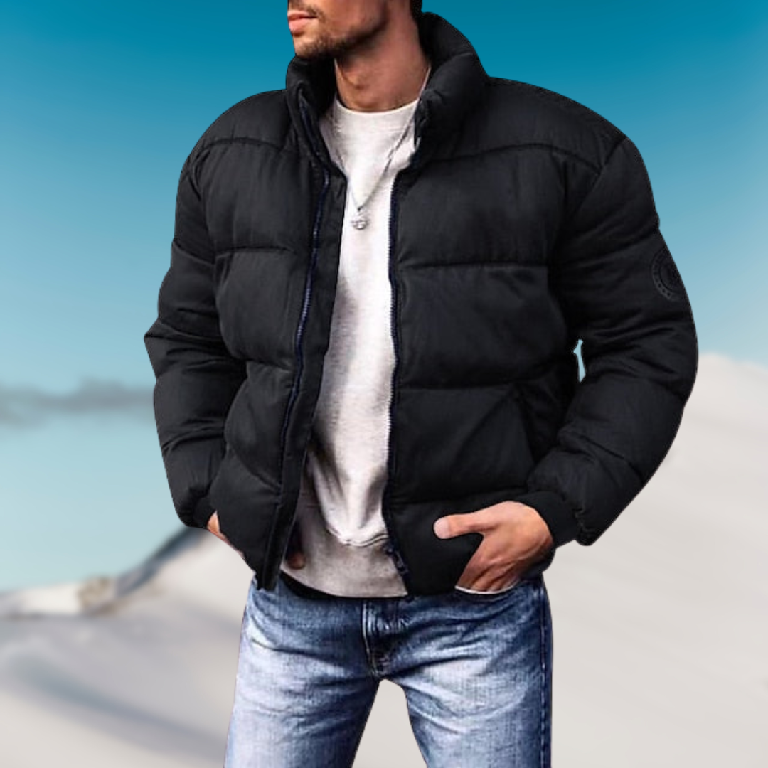 Veste matelassée homme – Duvet chaud – Col montant – Poignets côtelés – Zip frontal