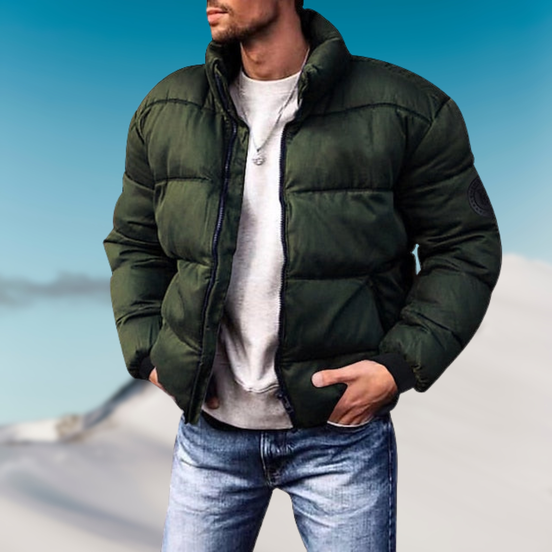 Veste matelassée homme – Duvet chaud – Col montant – Poignets côtelés – Zip frontal