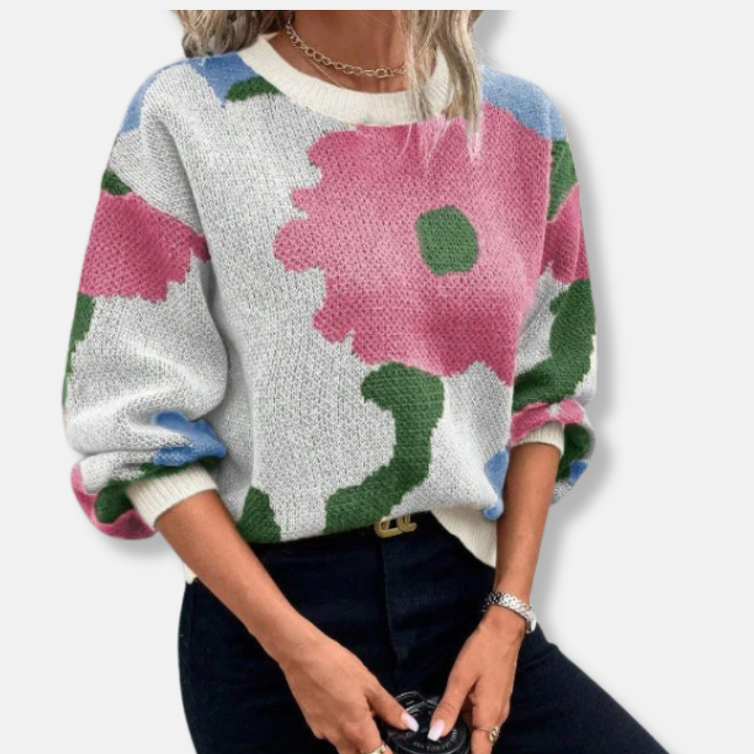 Romane Laine Sweater Relaxed Fit à Manches Ballon Sweater | Abstract Floral Sweater