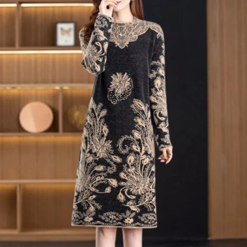 Robe Pull Femme - Coupe Mi-Longue - Manches Longues - Motifs Floraux Élégants