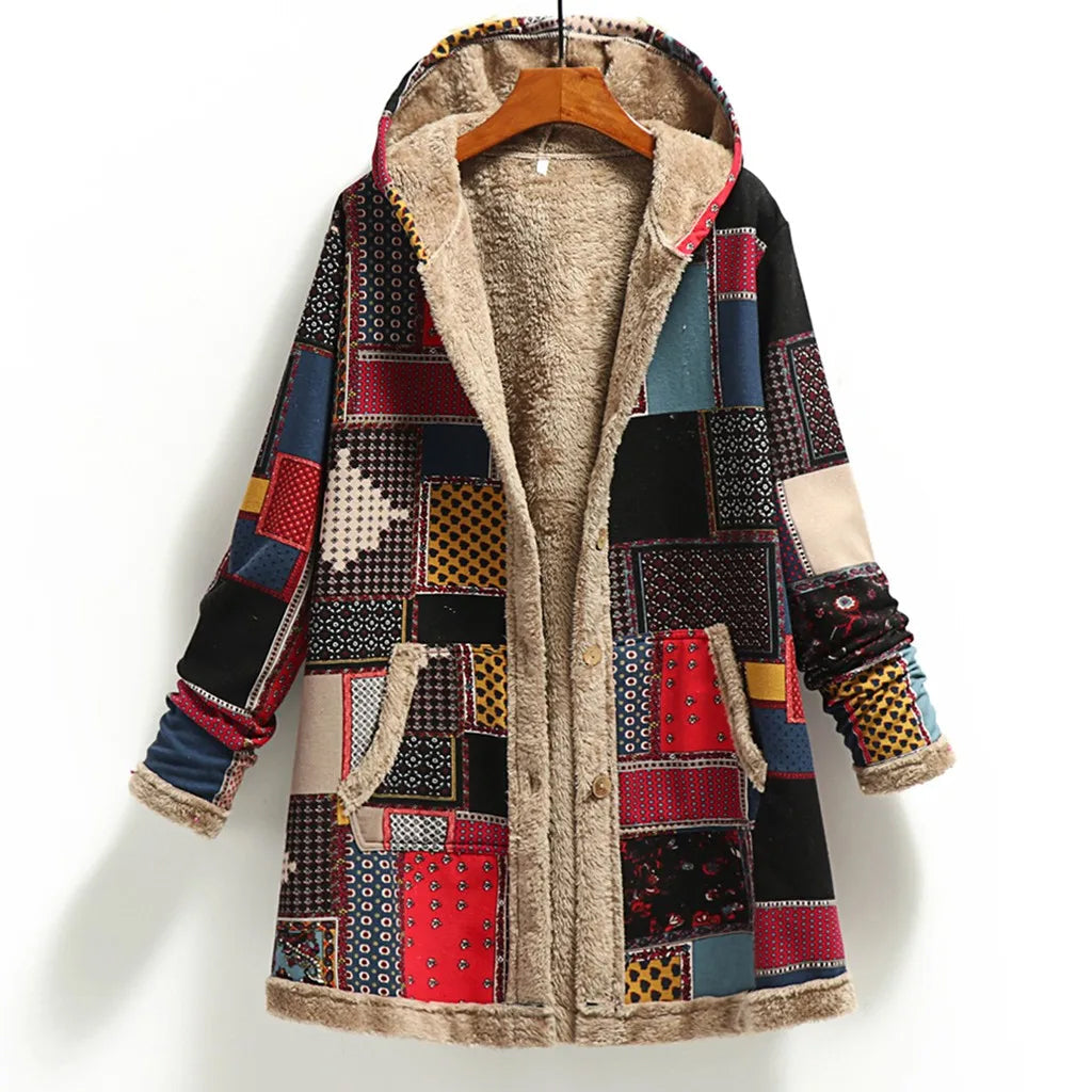 Veste femme – Coupe oversize – Patchwork texturé – Doublure chaude en shearling – Capuche