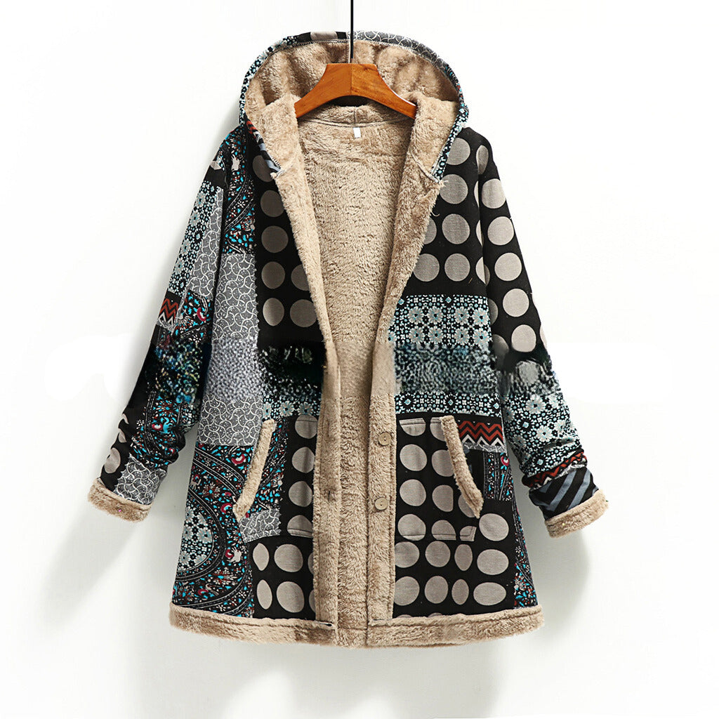 Veste femme – Coupe oversize – Patchwork texturé – Doublure chaude en shearling – Capuche